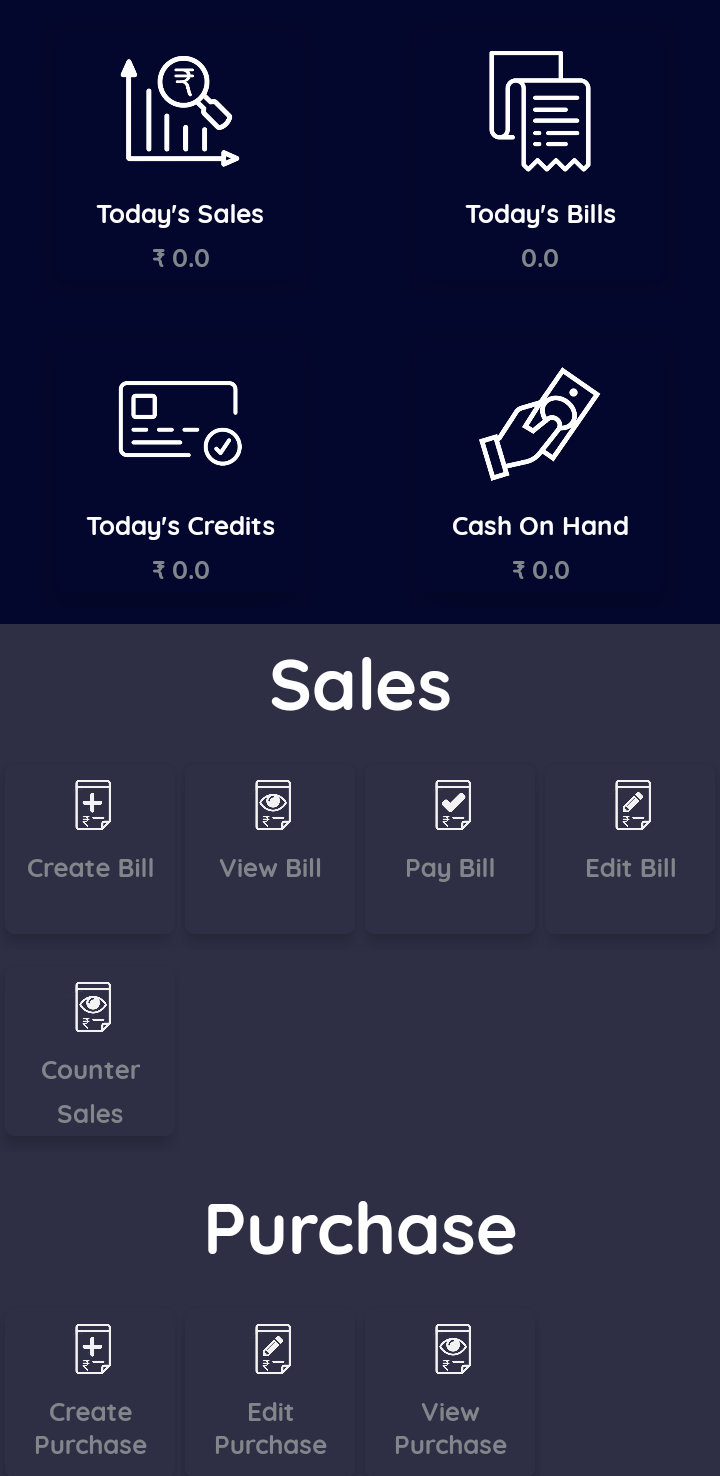 BillPad app — home dashboard
